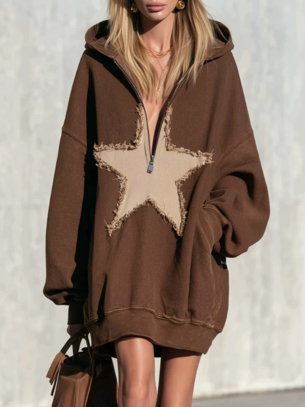 H&M Chocolate Cozy Hoodie Mini Dress with Star Patch Collar